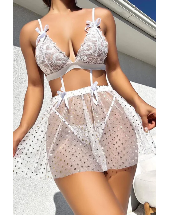 Celestial Star Embroidered Beyaz Dantelli Transparan Mini Gecelik