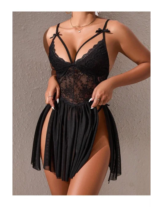 Siyah Dantel Detaylı Yırtmaçlı Mini Gecelik ve Tanga Seti Sofistike Cazibe Siyah