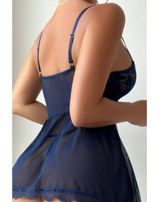 Lacivert İp Detaylı ve Bacak Aksesuarlı Saten Gecelik Seti | Midnight Muse Koleksiyonu