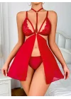 Passionate Red V-Neck Transparan Tül Gecelik & String Takım