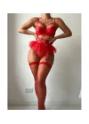 Kırmızı Tül Etekli Fantazi Jartiyer Fantezi Takım