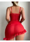 Kırmızı Dantel ve Fırfır Detaylı Transparan Gecelik | Passionate Red Koleksiyonu