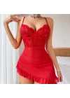 Kırmızı Dantel ve Fırfır Detaylı Transparan Gecelik | Passionate Red Koleksiyonu