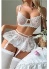 Beyaz Dantel İşlemeli ve Etekli Jartiyer Takımı | Bridal Luxury Koleksiyonu