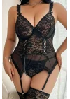 Curvy Siyah Dantel İşlemeli Jartiyer ve Çorap Seti | Lüks Büyük Beden Koleksiyonu