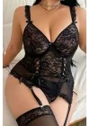 Curvy Siyah Dantel İşlemeli Jartiyer ve Çorap Seti | Lüks Büyük Beden Koleksiyonu