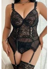 Curvy Siyah Dantel İşlemeli Jartiyer ve Çorap Seti | Lüks Büyük Beden Koleksiyonu