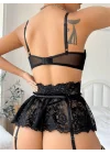 Siyah Floral Dantel İşlemeli ve Göğüs Bağlamalı Jartiyer Takımı | Noir Muse Koleksiyonu