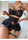 Siyah Floral Dantel İşlemeli ve Göğüs Bağlamalı Jartiyer Takımı | Noir Muse Koleksiyonu