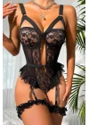 Siyah Floral Dantelli ve Bacak Bantlı Bodysuit Jartiyer Takımı | Midnight Bondage Serisi