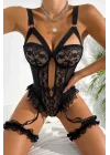 Siyah Floral Dantelli ve Bacak Bantlı Bodysuit Jartiyer Takımı | Midnight Bondage Serisi