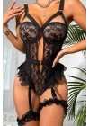 Siyah Floral Dantelli ve Bacak Bantlı Bodysuit Jartiyer Takımı | Midnight Bondage Serisi