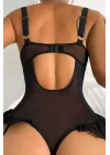 Siyah Floral Dantelli ve Bacak Bantlı Bodysuit Jartiyer Takımı | Midnight Bondage Serisi