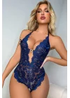 Lacivert Floral Dantel İşlemeli ve Altı Açık Bodysuit | Midnight Blue Lace Serisi