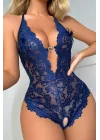 Lacivert Floral Dantel İşlemeli ve Altı Açık Bodysuit | Midnight Blue Lace Serisi