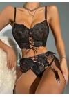 Büstiyerli Dantel Fantezi Siyah Jartiyer Takımı