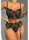Büstiyerli Dantel Fantezi Siyah Jartiyer Takımı