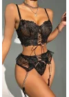Büstiyerli Dantel Fantezi Siyah Jartiyer Takımı