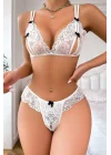 Beyaz Dantel İşlemeli Siyah Kurdelalı Fantezi Sütyen String Takımı