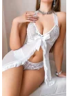 Beyaz Bağlama Detay Yırtmaçlı Tül Şık Kadın Gecelik Ve Külot