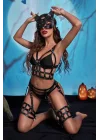 Siyah Transparan Maskeli ve Harness Detaylı Fantezi Gecelik | Midnight Mystery Serisi