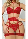 Crimson Desire Zincir Detaylı Dantelli Jartiyer & Büstiyer Seti