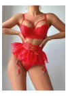 Kırmızı Tül Etekli Fantazi Jartiyer Fantezi Takım