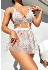 Celestial Star Embroidered Beyaz Dantelli Transparan Mini Gecelik