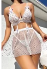 Celestial Star Embroidered Beyaz Dantelli Transparan Mini Gecelik