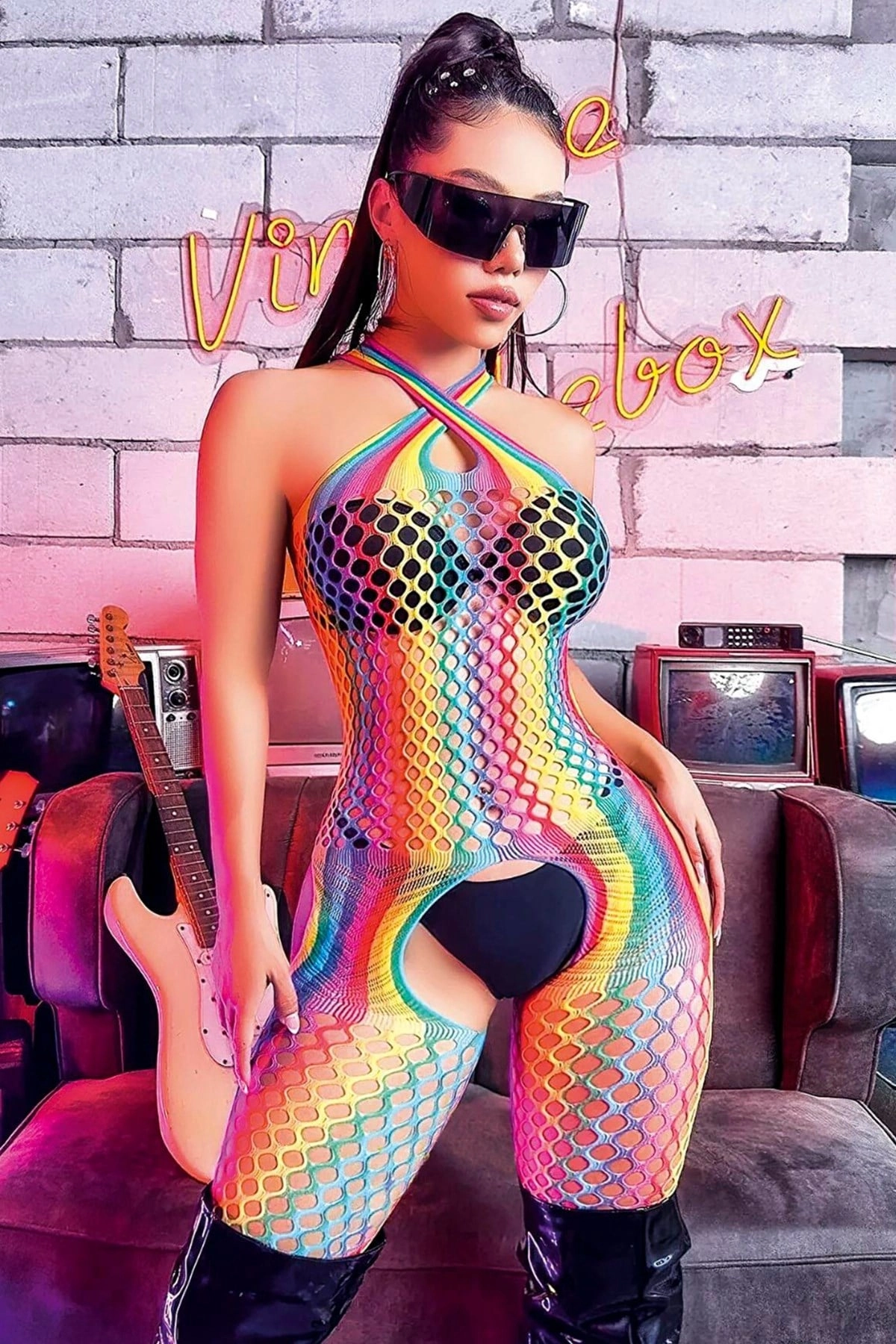 Çok Renkli Geometrik Sanat Vücut Çorabı | Lüks Grafik Silüet