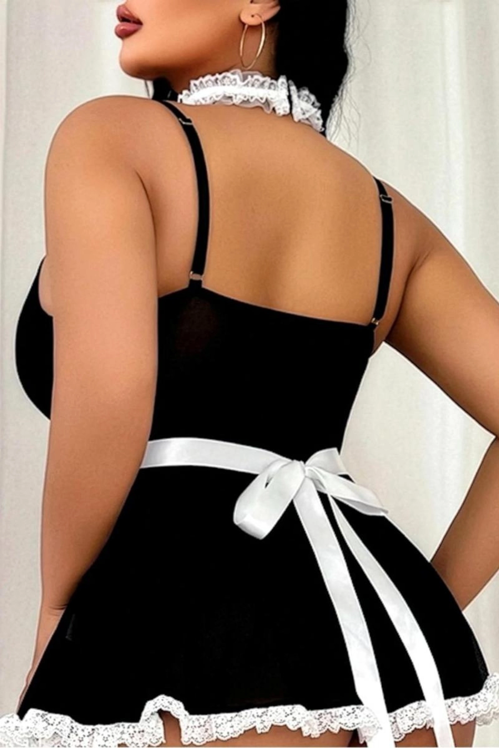 Curvy Siyah Dantel Detaylı Hizmetçi Kostümü | Noir Luxury Plus Roleplay Serisi