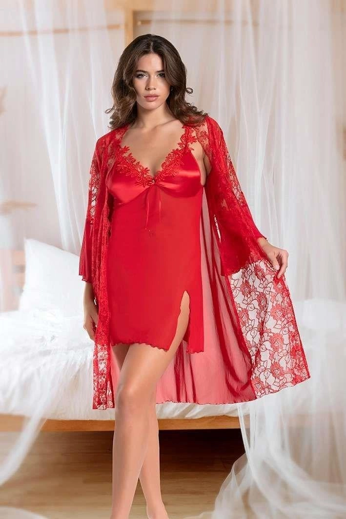 Bordo Saten ve Floral Dantelli Sabahlık & Gecelik Takımı | Crimson Silk Koleksiyonu