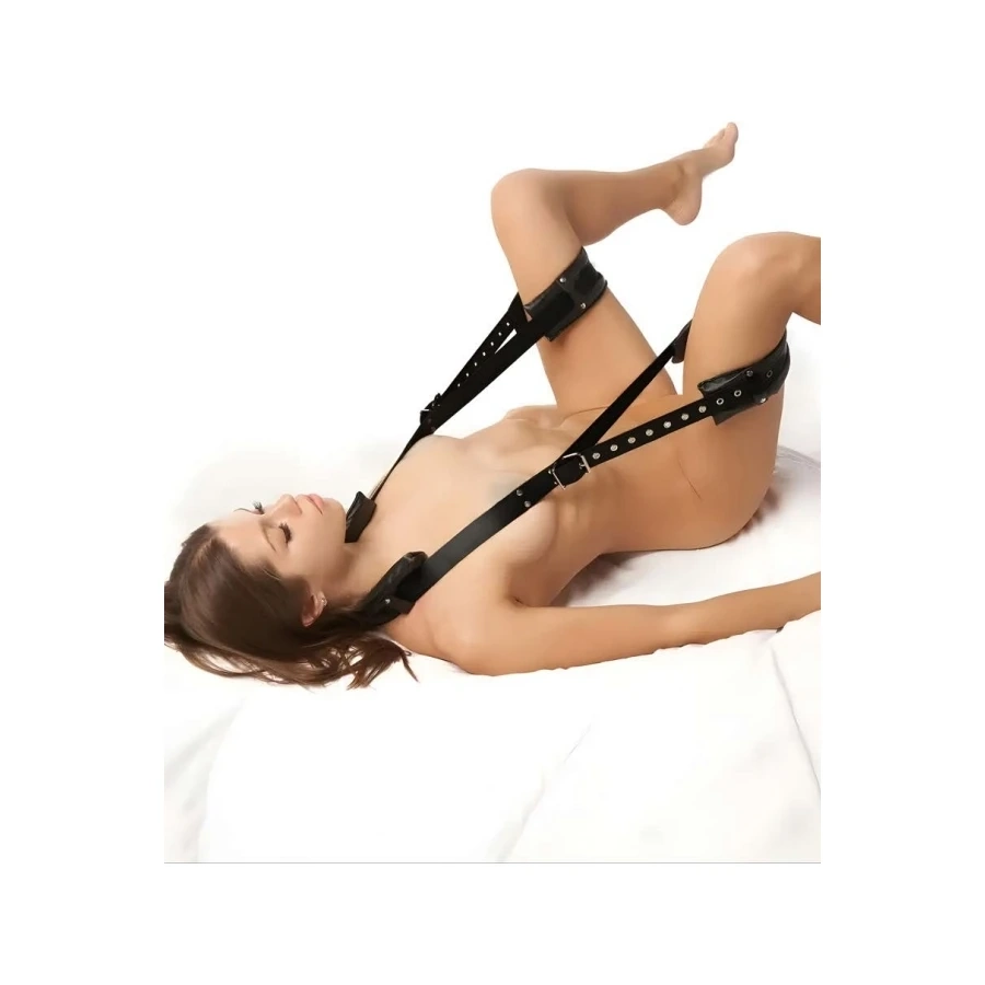 Siyah Deri Görünümlü Boyun ve Ayak Bağlama Seti | Noir Bondage Connection Serisi