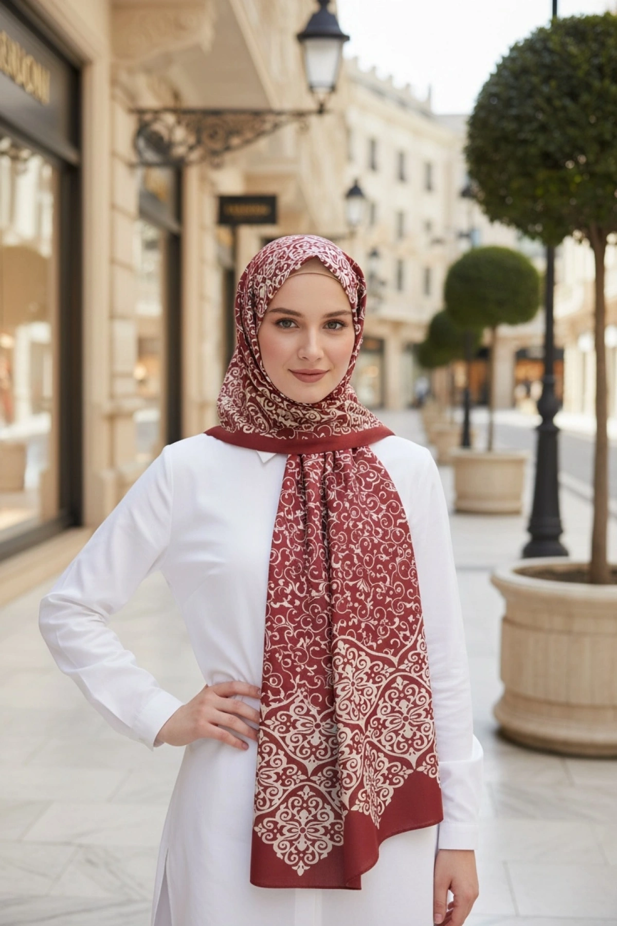 Seraya – Floral & Geometrik Desenli Şal Bordo - Kaymaz ve Yumuşak Dokulu Şal