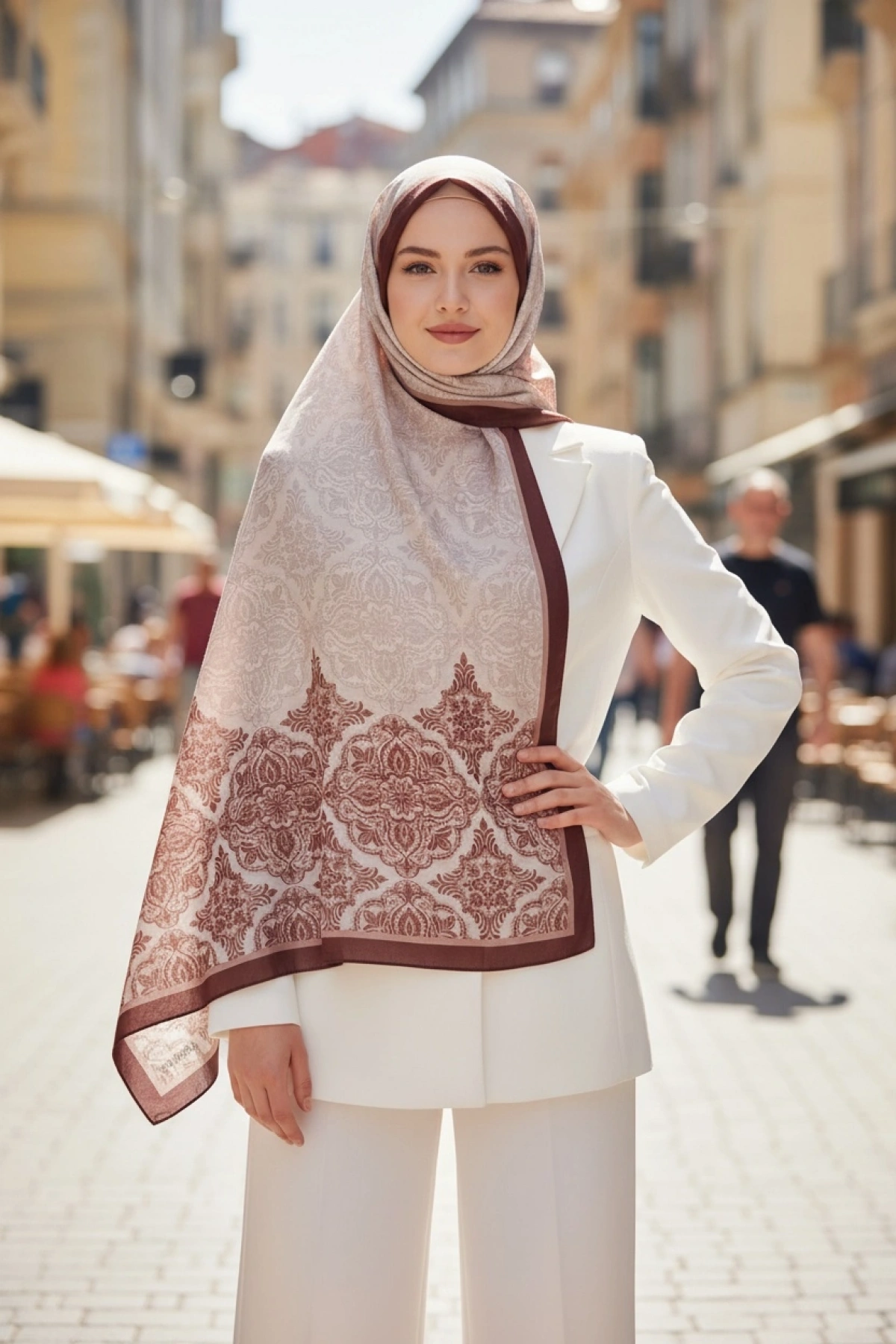 Nevra Floral ve Geometrik Desenli Şal Kahverengi - Kaymaz ve Yumuşak Dokulu Şal