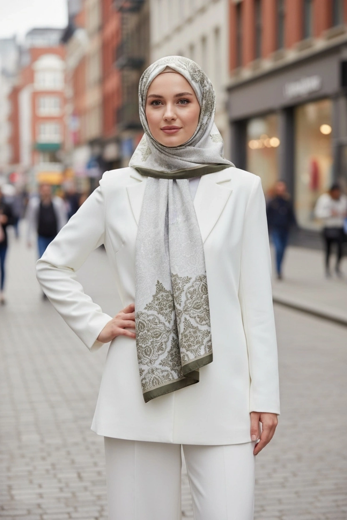 Nevra Floral ve Geometrik Desenli Şal Haki - Kaymaz ve Yumuşak Dokulu Şal