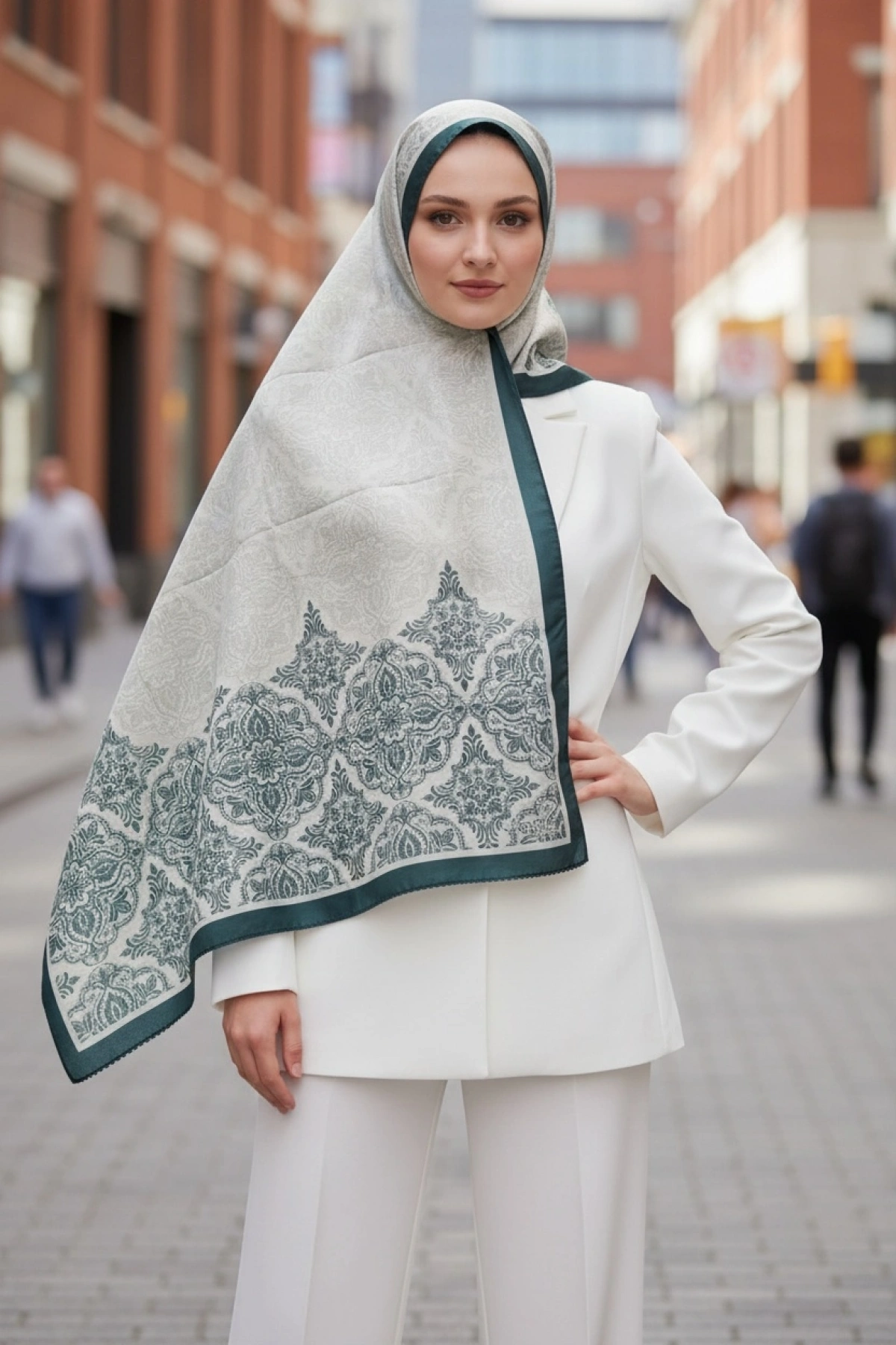 Nevra Floral ve Geometrik Desenli Şal Petrol Mavisi - Kaymaz ve Yumuşak Dokulu Şal