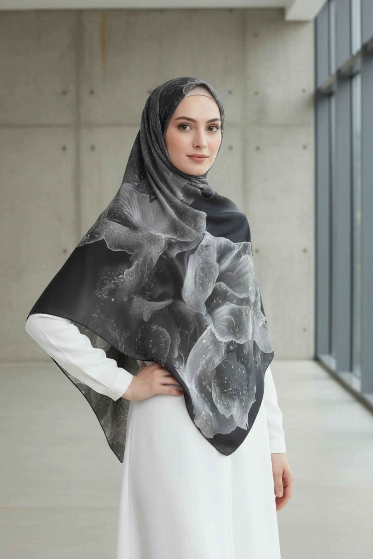 Mireya - Çiçekli Floral Desenli Şal - Siyah