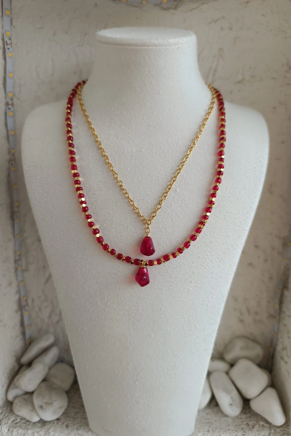 El Yapımı Murano Tarzı Cam Nar Tanesi Figürlü İkili Altın Kaplama Kombin Kolye Seti