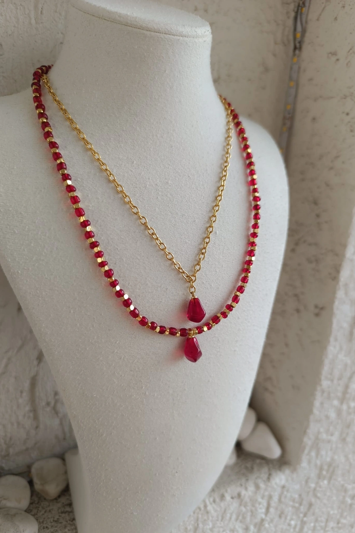 El Yapımı Murano Tarzı Cam Nar Tanesi Figürlü İkili Altın Kaplama Kombin Kolye Seti