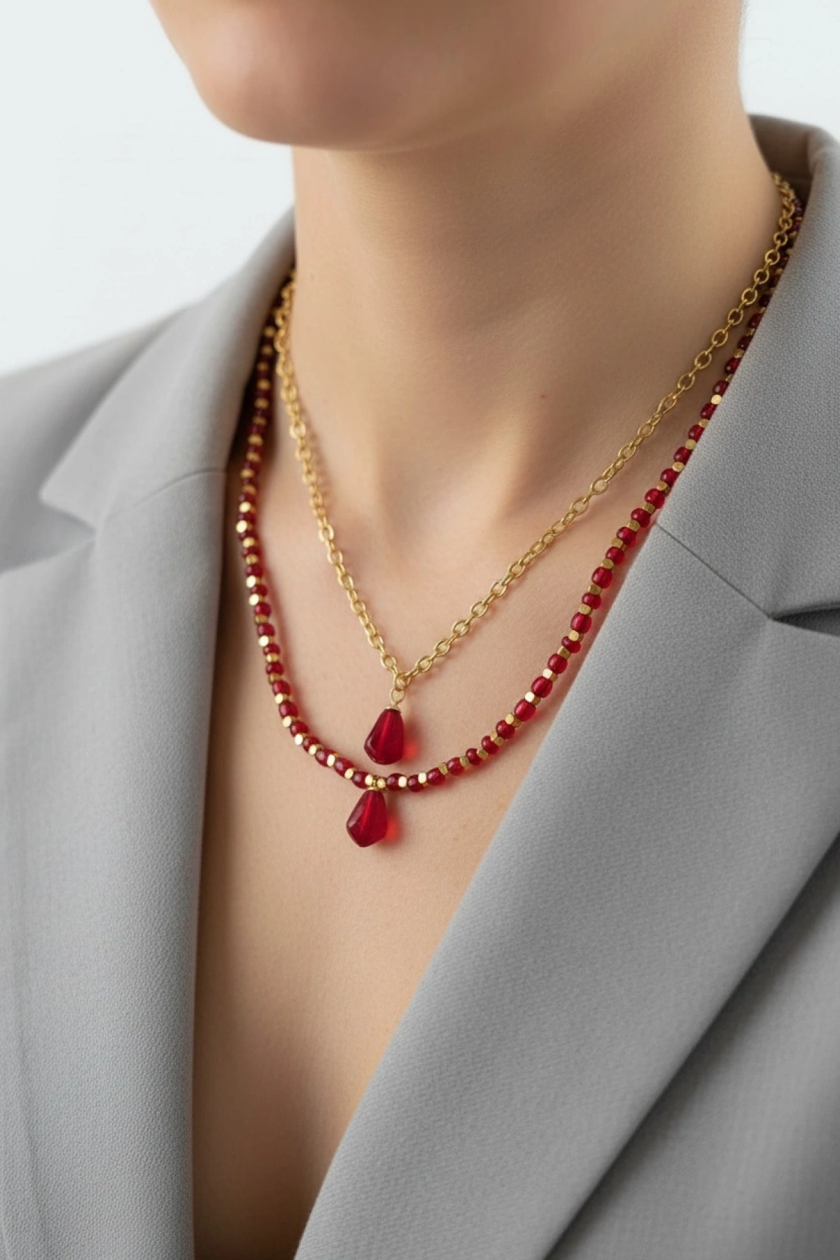 El Yapımı Murano Tarzı Cam Nar Tanesi Figürlü İkili Altın Kaplama Kombin Kolye Seti