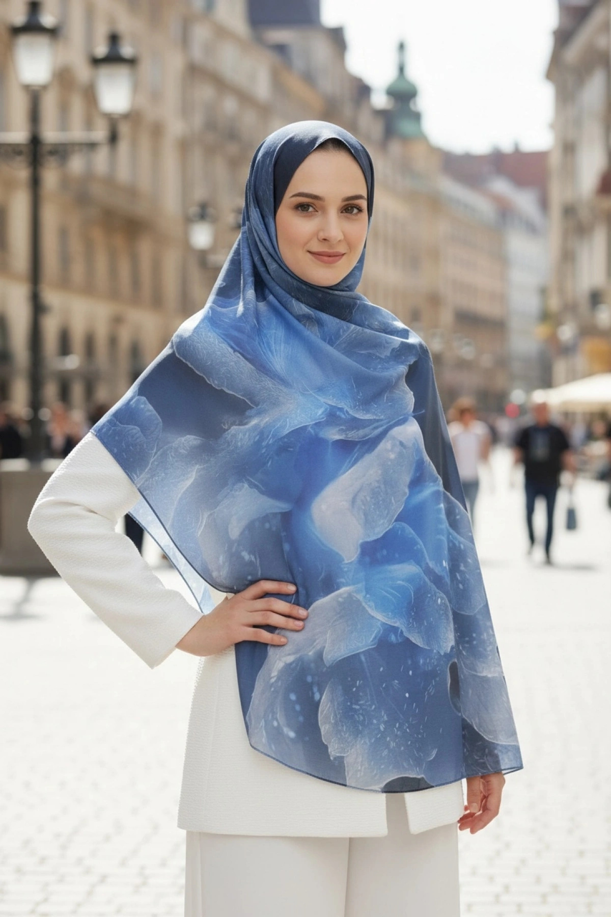 Mireya - Çiçekli Floral Desenli Şal - Mavi