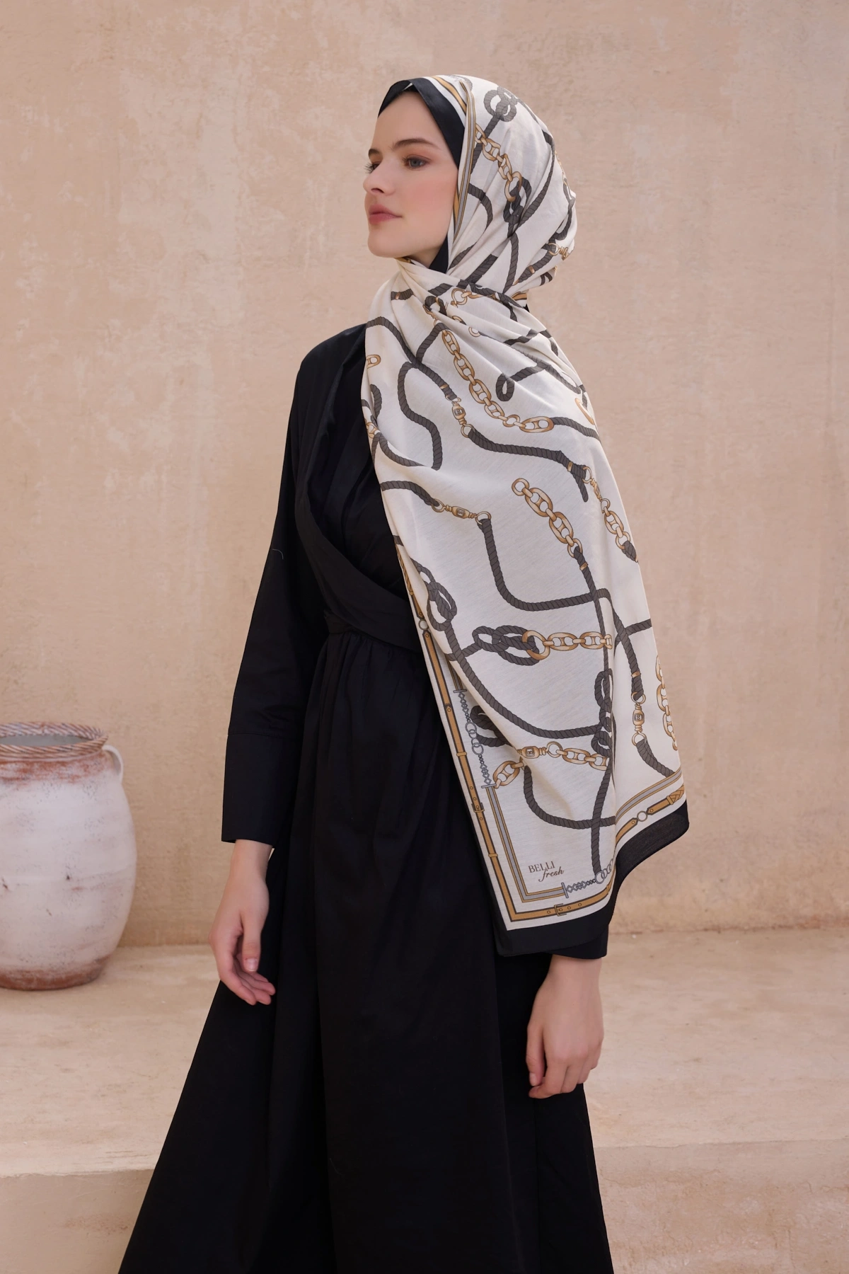 Belli Fresh Modal Şal 5 Zincir Desen - Ekru-Siyah