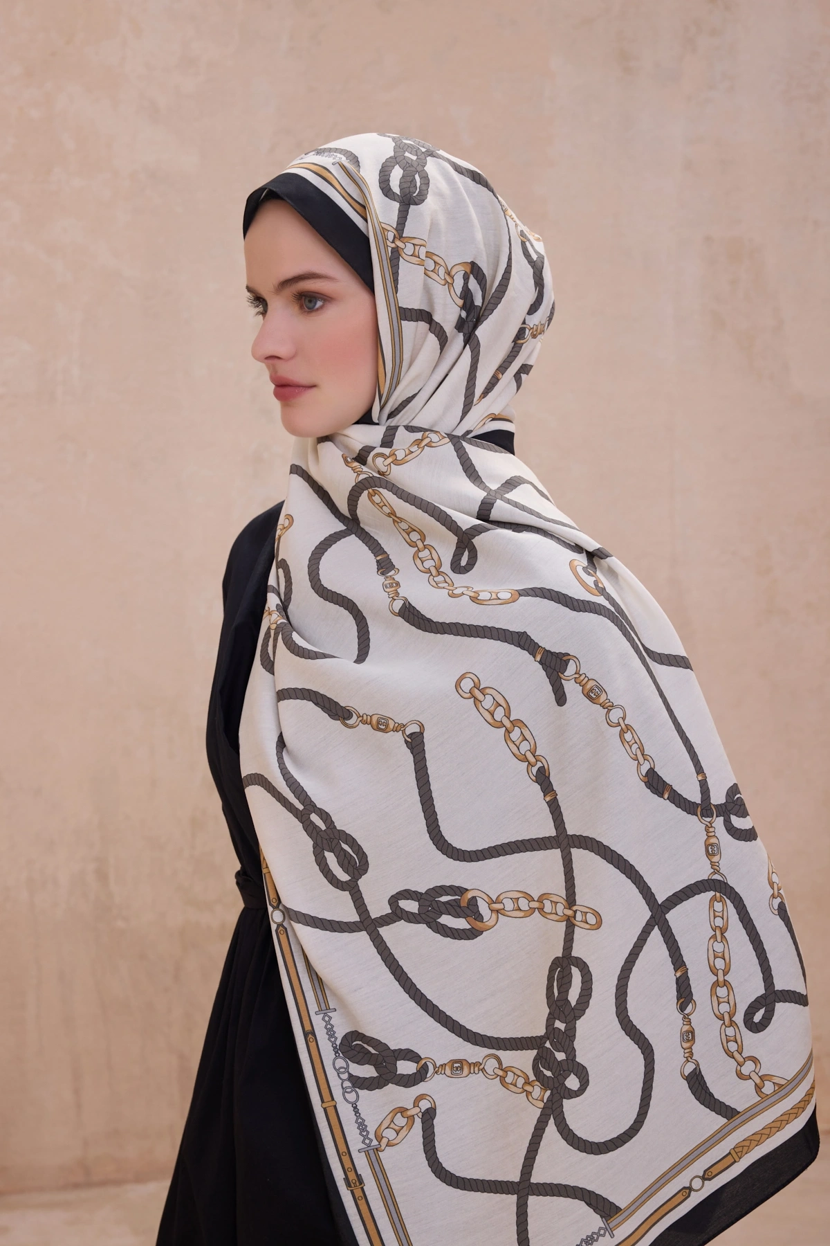 Belli Fresh Modal Şal 5 Zincir Desen - Ekru-Siyah