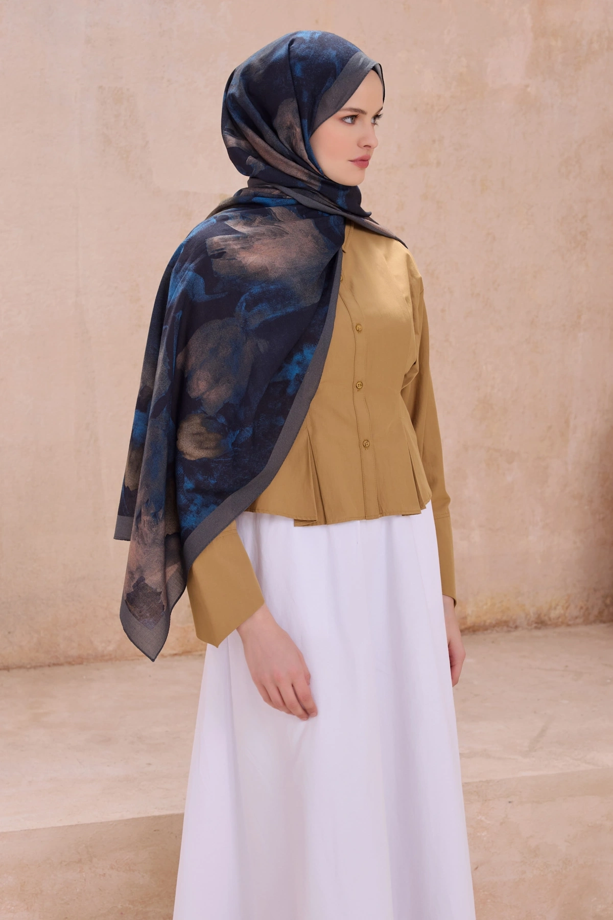 Belli Fresh Pamuk Kumaş Vintage Şal - Sax