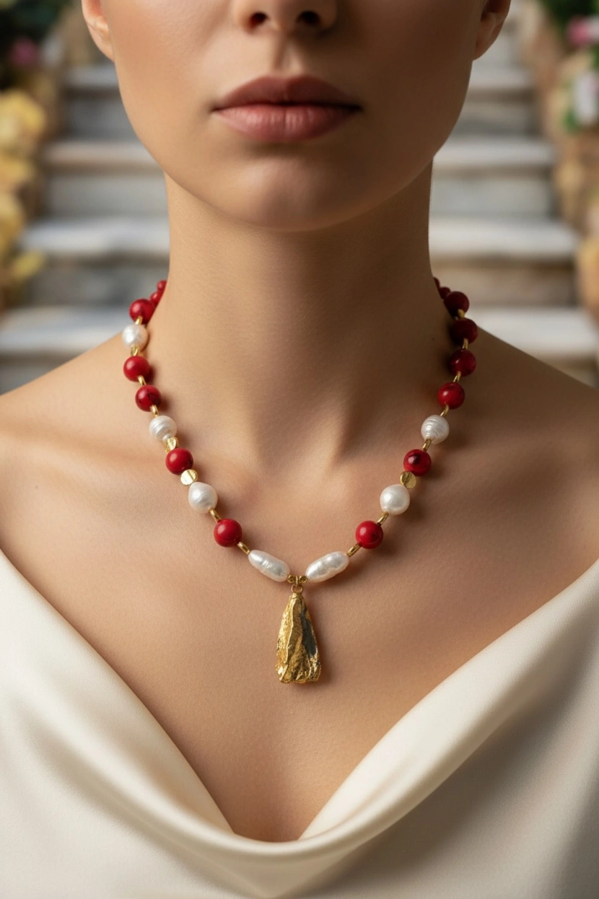 Gerçek İnci ve Mercan Tasarım Kolye