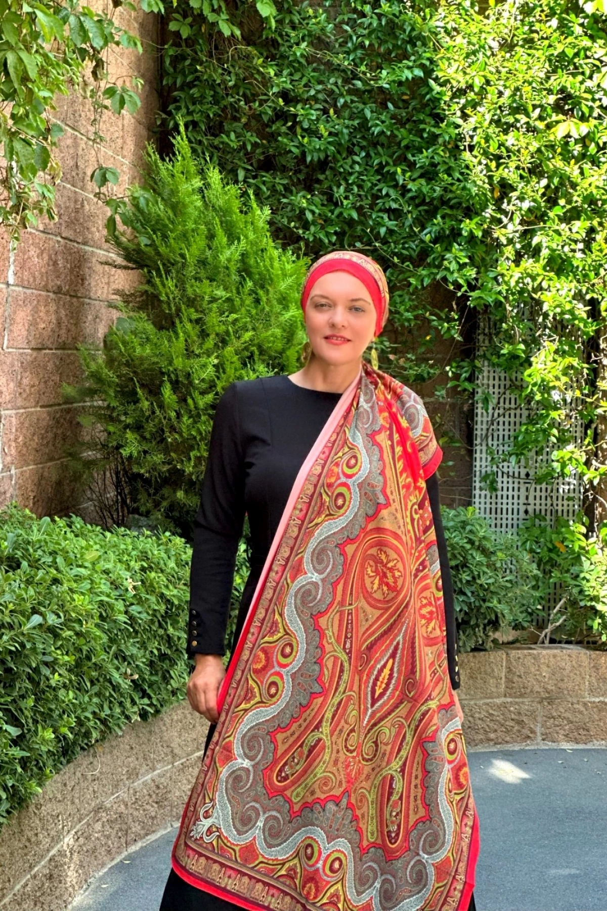 Arvena - Retro Desen Şal - Nar Çiçeği