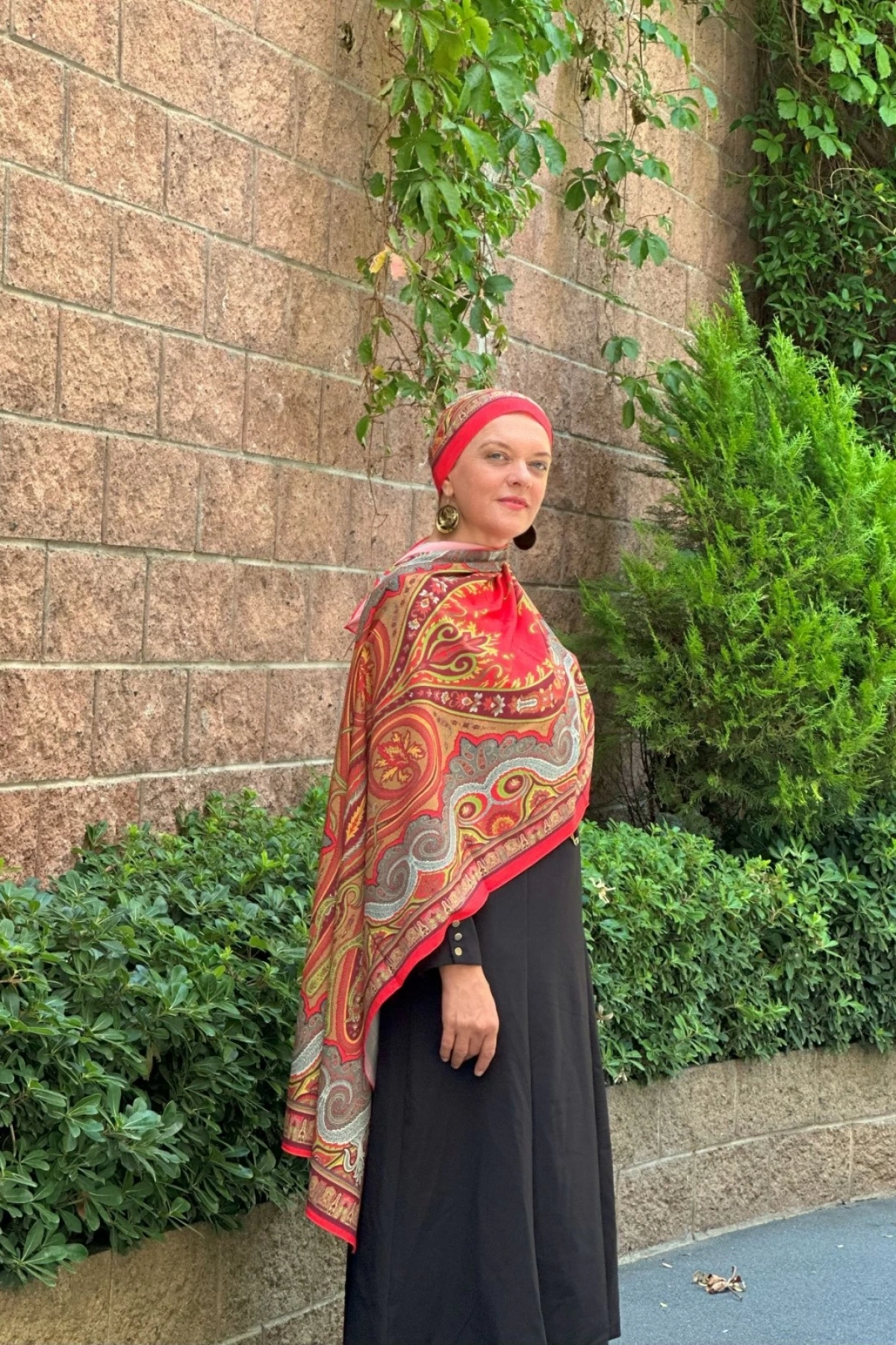 Arvena - Retro Desen Şal - Nar Çiçeği