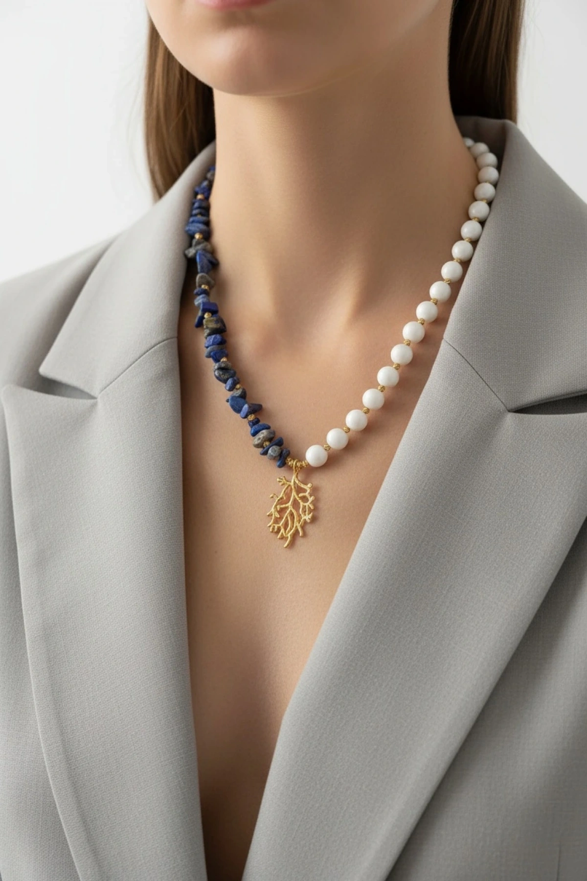 El Yapımı Asimetrik Doğal Taş ve Boncuklu Kolye