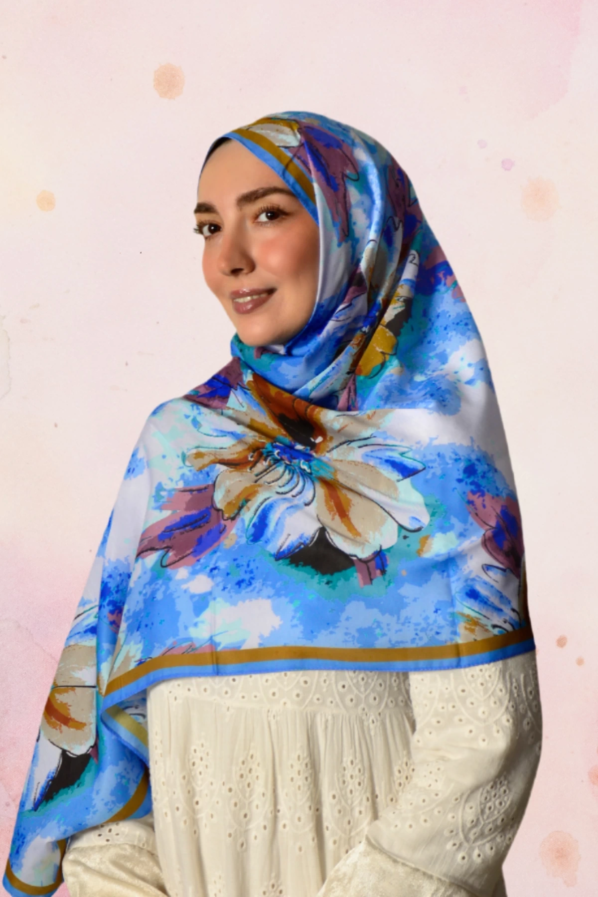 Solva Büyük Floral Motifli Şal - Mavi